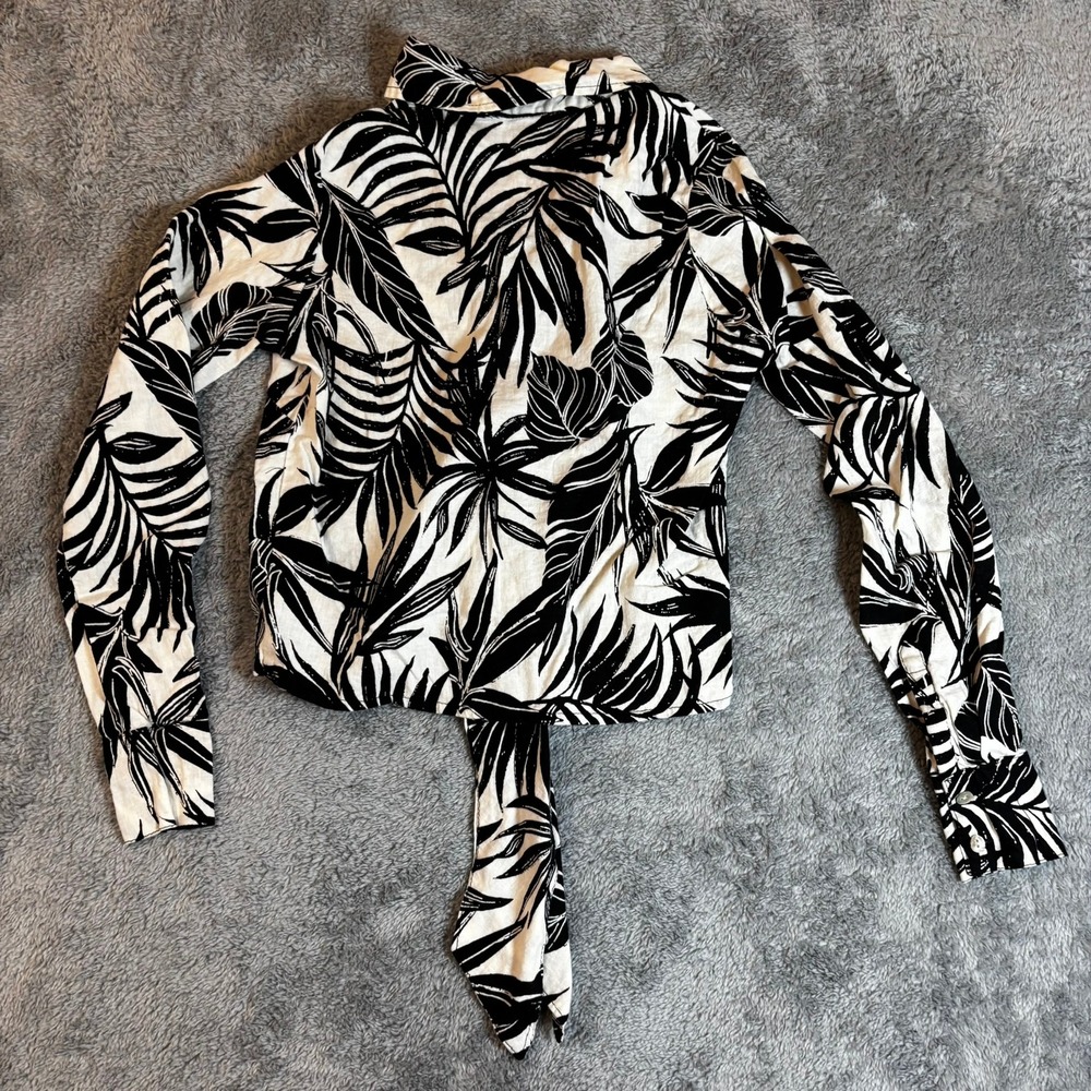 Rachel Zoe XS Tropical Palm Print Tie Front Linen Blend Button Down Shirt Black